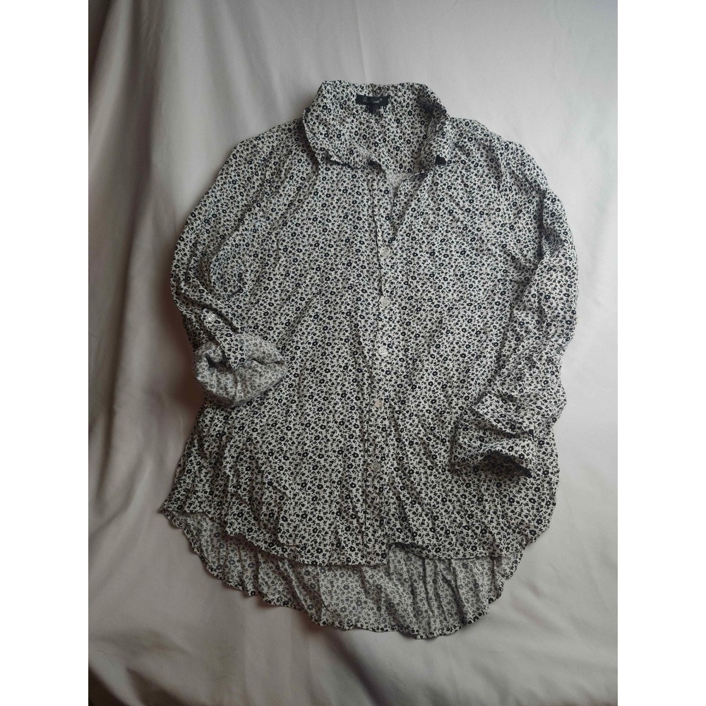 Velvet Heart Floral Button Down Shirt Black White Rayon High Low Hem Large
